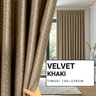Europe Velvet - Langsir 80% Blackout Hook/Ring 3D Amboss Corak SeaWeed Warna Khaki SiapJahit Sliding