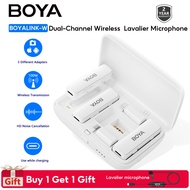 BOYA BOYALINK White 2.4GHz Dual-Channel Wireless Lavalier Microphone Support Smartphone Speakers with Lightning 3.5mm TRS USB-C Adapter Charging Case for iPhone Android Camera DSLR Laptop Recording Live Streaming