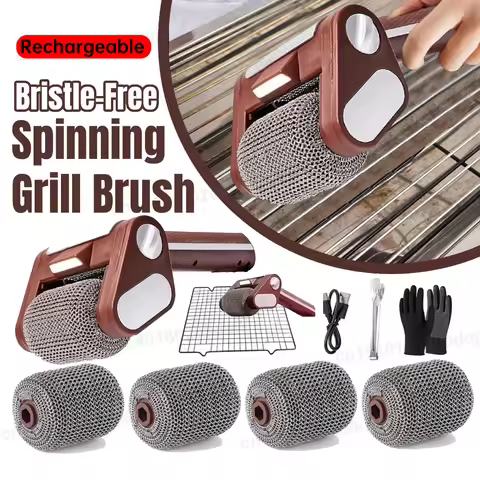 350RPM Electric Roller Grill Brush with LED Light Stainless Steel Bristle-Free Cleaner Brush Recharg