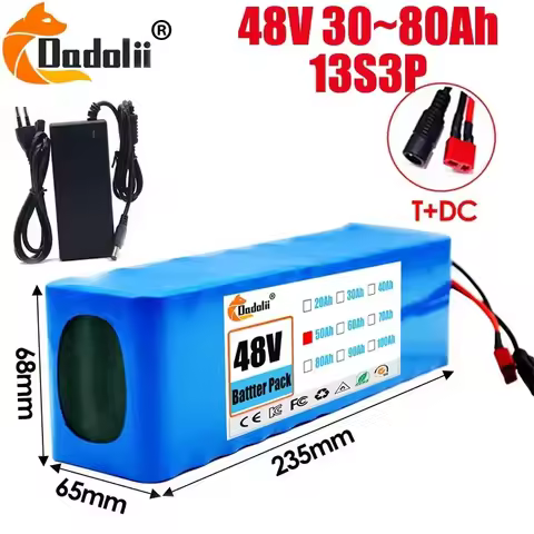 New 48V30Ah-80Ah 2000W power 13S3P DC/DC lithium-ion rechargeable battery pack, suitable for 48V mot