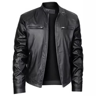 Casual Mens Biker Jacket Stand Collar Slim Fit กระเป๋าซิปเสื้อหนังเสื้อผ้ารถจักรยานยนต์ Jacket เสื้อ
