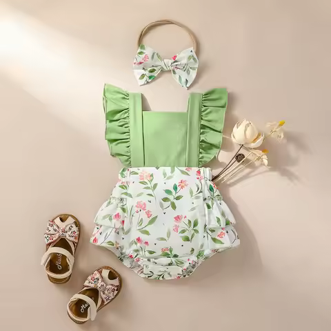2PCS Baby Girls Sleeveless Print Flower Rompers for 0-1Y Baby Newborn Items Casual Jumpsuit + Headba