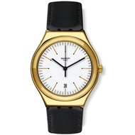 Swatch Men's EDGY TIME Irony Big Classic White Dial Black Leather Strap YWG404 Watch