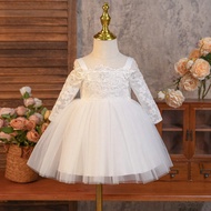 Váy ren Organza Satin, Váy dây mảnh thêu hoa, Váy phù dâu dài tay trễ vai cho bé gái, Váy trắng cho 