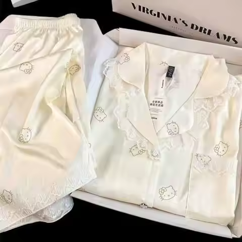 Pajama Set Hello Kitty Princess Style Pajamas for Women Summer New Lace Home Wear Set Ins Long-Sleev