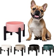 Raised Ceramic Dog Bowl - Elevated Food Water Dish with Stainless Steel Stand - for Small to Medium 