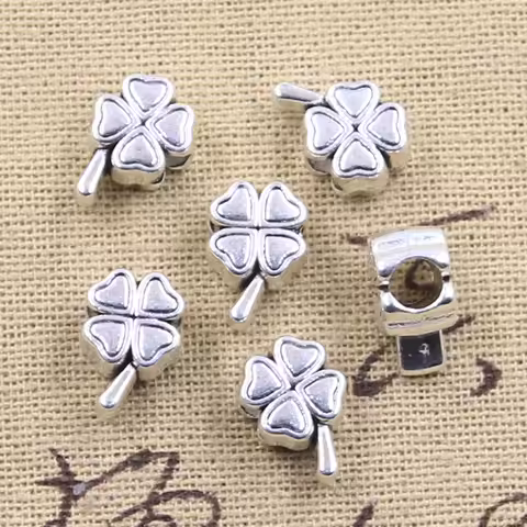 15pcs 13x9x7mm Lucky Irish Four Leaf Clover 4.5mm Big Hole Bead Charm Fits Silver Color Charms For B