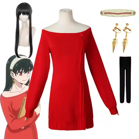 Women Anime Spy Family Themed Cos Dress, Red Long Sleeve Knitted Mini Outfit, Assassin Princess Cost