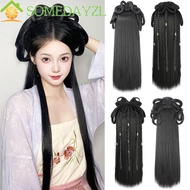 SOMEDAYMX Chinese Ancient Wig, Synthetic Antique Women Hanfu Wigs, Headdress Black Hairpiece Hanfu Wig Headband