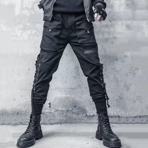 Punk Style Personality Lace-up Design Techwear Cargo Pants Men Clothing Y2K High Street Multi-pocket