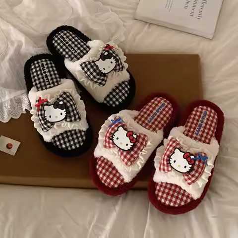 Hello Kitty Furry Slippers Fluffy Soft Warm House Shoes Cute Cartoon Slides Non-Slip Comfortable Ind