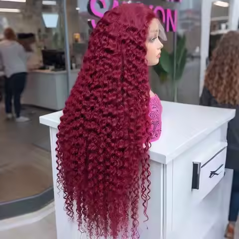 Water Wave 99J Red Burgundy Color Synthetic 13X4 Lace Frontal Wig Prepucked Bleached Knot Glueless W