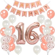 (SG SELLER) Sweet 16 Birthday Decorations Set, Rose Gold and White Balloons, Happy Birthday Banner, 