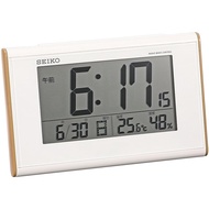 Seiko Clock Alarm Clock Electric Wave Digital Calendar Temperature Humidity Display Light Brown Wood Grain Pattern SQ771B SEIKO White