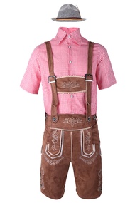 NEW M-XXL Men German Oktoberfest Lederhosen Costume Short Sleeve Plaid Shirt Suspenders Hat Set Beer