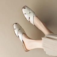 Retro Roman Closed Toe Half Slippers Women's Summer Low Heel Woven Slip-on Lofter Muller Sandals