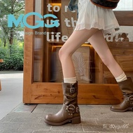 MGGRetro Boots Western Denim Belt Buckle Pile Style Boots Mid-Calf Long Boots Female High Knight Boots Dr. Martens Boots