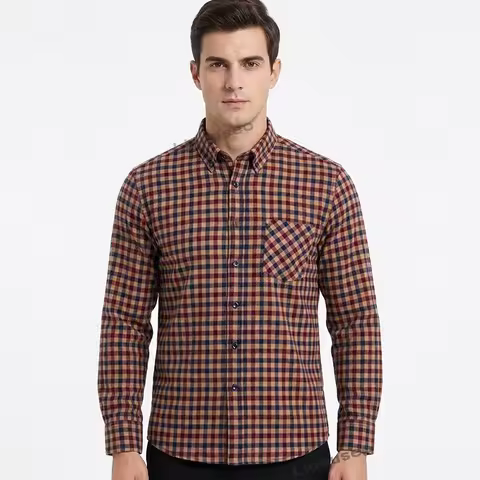 New Spring Autumn 100% Cotton Flannel Plaid Mens Shirts Casual Long Sleeve Regular Fit Home Dress Sh