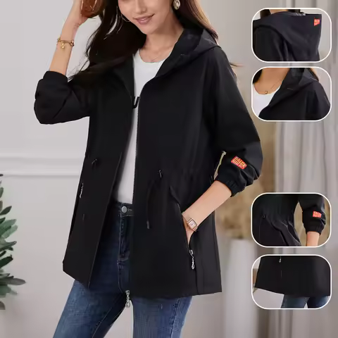Womens Windbreaker Jacket Wind and Water Resistant Cinched Waist Long Anorak Jacket Midweight Cinche
