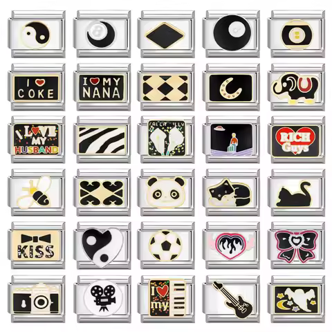 Fashion Black Heart Cat Moon Piano Camera Italian Charm Links Fit 9mm Stainless Steel Bracelet Makin
