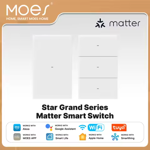MOES Tuya Star Grand Series Matter WiFi Smart Light Switch 10A Neutral Required Work with Alexa Goog