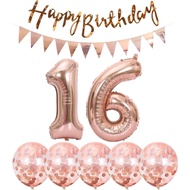 2 Balloons Number 16+ haappy Birthday Garland + Rose Gold Banner foil Balloon 16th Birthday Decorati
