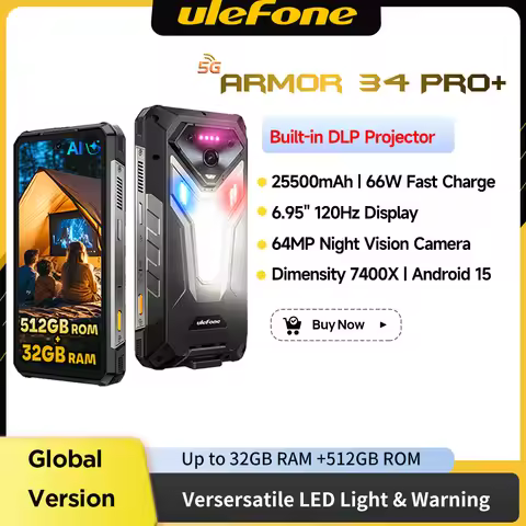 Ulefone Armor 34 Pro+ 5G AI 25500mAh Rugged Phone Smartphone Android 15 32GB+512GB Built-in DLP Proj