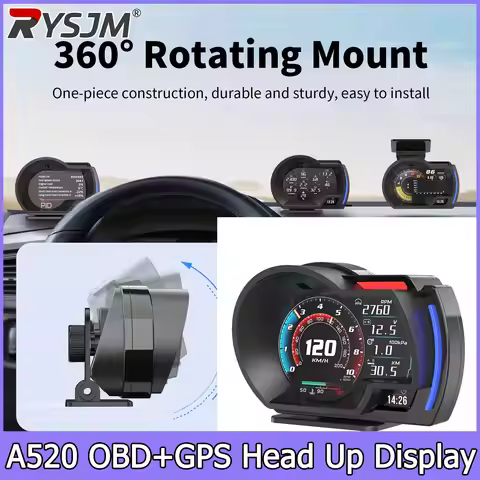 HUD A520 OBD2 + GPS Auto Meter OBD2 Gauge with Speedometer Water Temp RPM Meter Fuel Level Time Car 