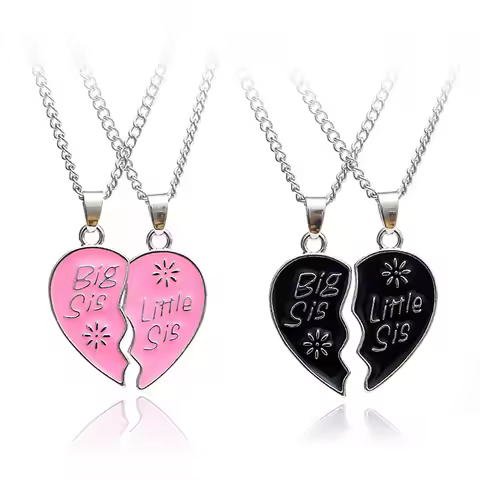 2pcs Big Sis Little Sis Necklace for Grils Women Fashion Love Heart Necklaces Pendant Sister Best Fr