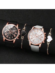 4 件/套女士白色和黑色 Pu 錶帶三眼錶盤休閒商務手錶/手鍊套裝