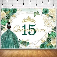 Withu Quinceañera 15 Birthday Backdrop Shiny Gold Green Floral Flower Butterfly Princess Girl 15th P
