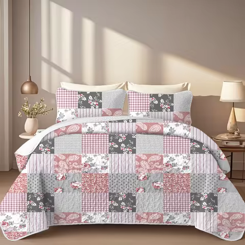 2/3-Piece Geometric Grid Printed Quilt Set, Cal King, Durable, Breathable, and Unique Summer Bedding