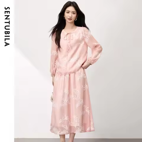 SENTUBILA 2 Piece Sets Women Outfit Embroidery Lace Up Blouses A-line Midi Skirts Chinese Style Eleg