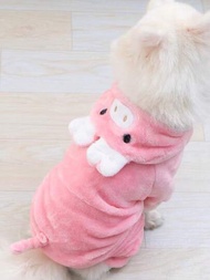 1件粉色珊瑚絨萌豬造型四腳寵物服裝,適用貓狗,防寒保暖