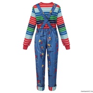 Adult Chucky Cosplay Costume - Striped Shirt & Jumpsuit Set