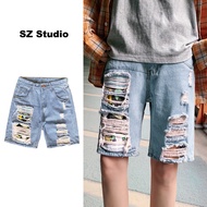 Men Pants Men's Ripped Jeans Men's Loose Straight-Leg Pants Shorts Men's Trendy Five-Point Pants Thi