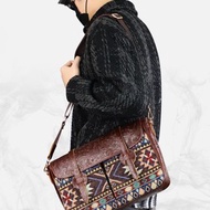 男士郵差包 牛皮拼接提花毛毯單肩斜跨包/側肩包