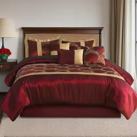 Foliage Embroidery 7-Piece Comforter Set in Burgundy Gold Includes Bed Skirt - Queen Size Luxury Bed