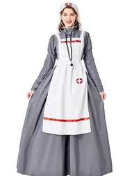 復古護士裝扮三件套（連身裙、圍裙、頭帶）
