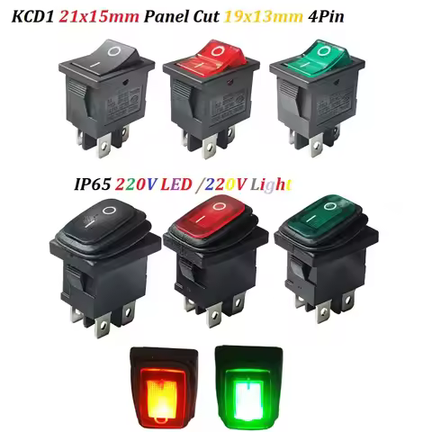 3PCS 4Pin Rectangle Rocker Switch IP65 With Red/Green Light 6A 250V(220V) AC/10A 125V ON-OFF 13X19mm