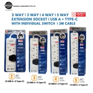 ViSiON 2/3/4/5 WAY Multi Plug Extension Socket with Individual Switch | 2 USB A + 2 Type C | 3M Cabl