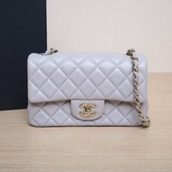 CHANEL CF口蓋包大Mini20灰色羊皮晶片開淺金扣菱格紋肩背包