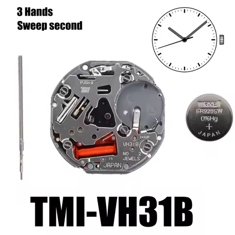 VH31 Movement TMI VH31 Movement Size: 10 ½‴ Sweep second Height: 3.45mm 3 hands no Jewels