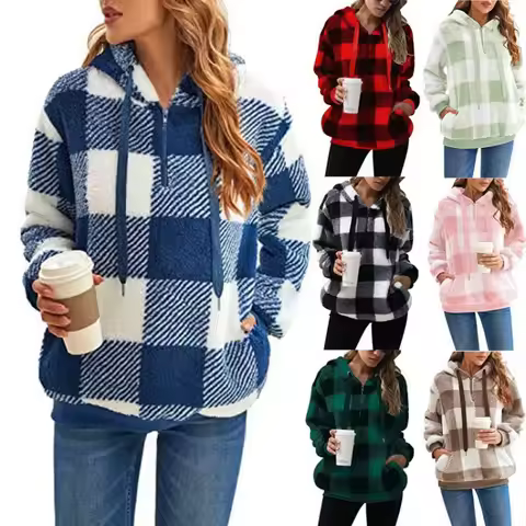 7 Colors Option Women's Fleece Plaid Jackets Autumn Hoody Pocket Block Plaid Patchwork Pullover Hood