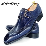 รองเท้าหนังโลฟเฟอร์ขัดวิงทิปรองเท้า Monk Strap สีน้ำเงินสำหรับผู้ชายรองเท้าลำลองสุดหรูรองเท้าหนังเสื