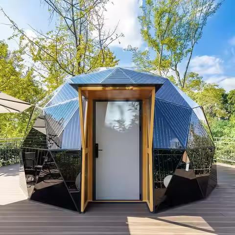 Solar Power Solid Wood Frame Insulating Tempered Glass 6M 8M Prefabricated Luxury Glamping Geodesic 