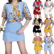 GC Floral Challis Top &amp; Linen Palda Short Coordinates | Puff Sleeves Top and Skort Terno for Women