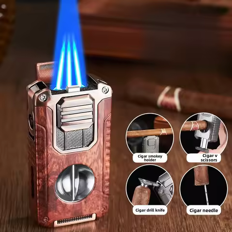 Creative Five-in-one Three-fire Direct Cigar Lighter, with V-shaped Cigar Cutters, Portable Multi-fu