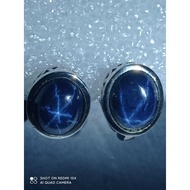 #E359 100% Natural Gemstone Rare 6 rays Star Blue Sapphire Earrings 14K White Gold Plated 925 Sterli