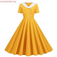 ❥Vintaj Pakaian Pesta❥Hepburn Classy Retro 1950s 60sWomen S Contrasting Color Fashion V-Neck Double-